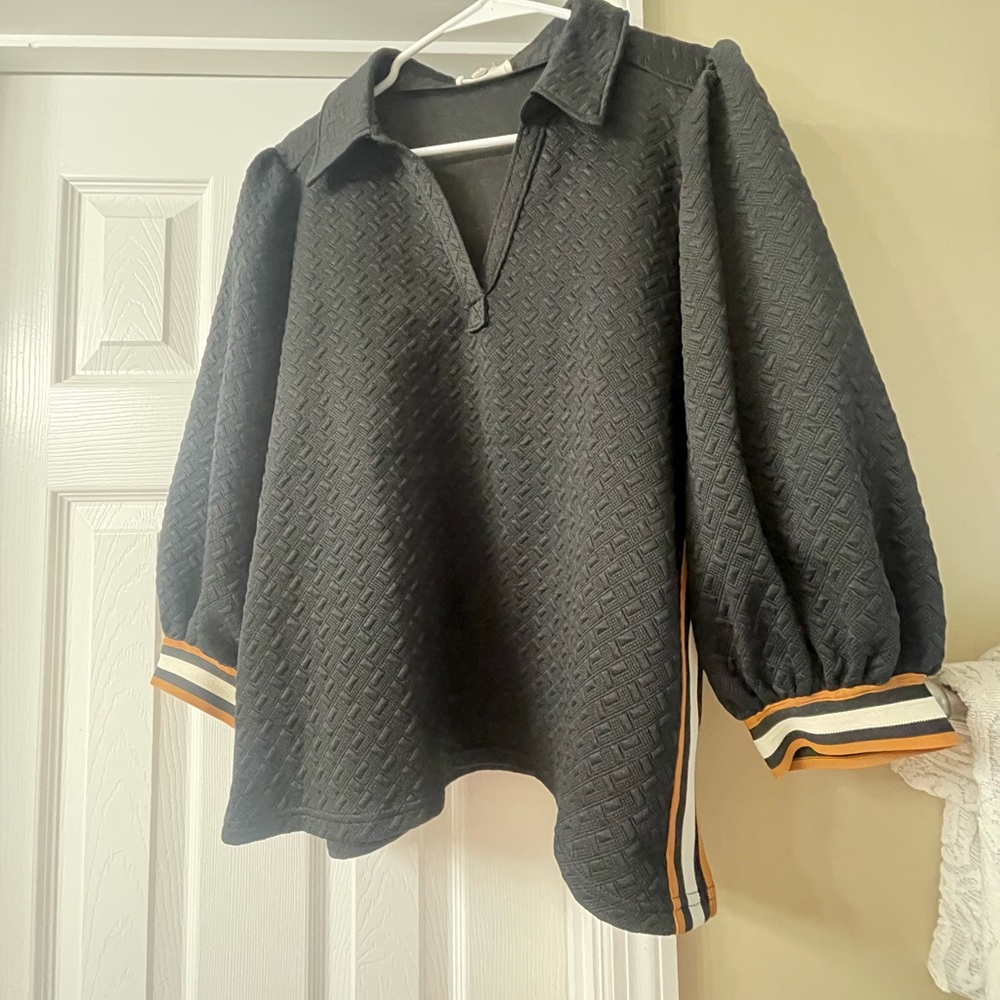 Entro Black Textured Boutique Pullover with Striped Sleeves